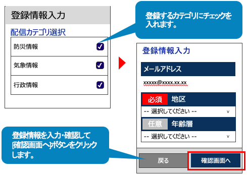 登録カテゴリにチェック後、確認画面へのボタンをクリックする